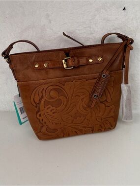 Diba True Leather Crossbody Bag Brown Tooled Western Floral NWT